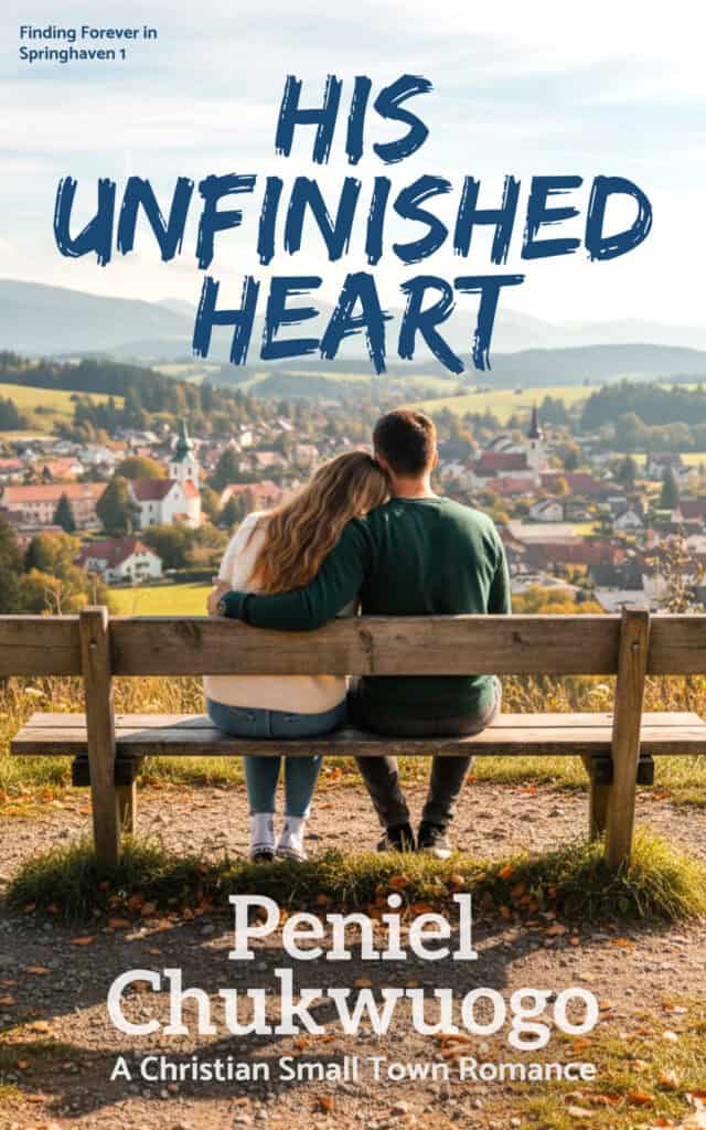 Book cover showing couple sitting on wooden bench overlooking picturesque European village with rolling hills, titled