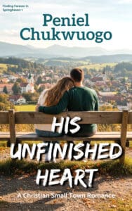 Book cover showing couple sitting on wooden bench overlooking picturesque European village with rolling hills, titled