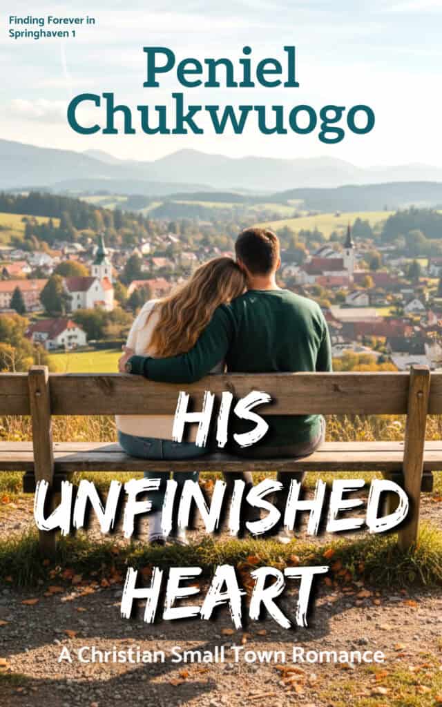 Book cover showing couple sitting on wooden bench overlooking picturesque European village with rolling hills, titled