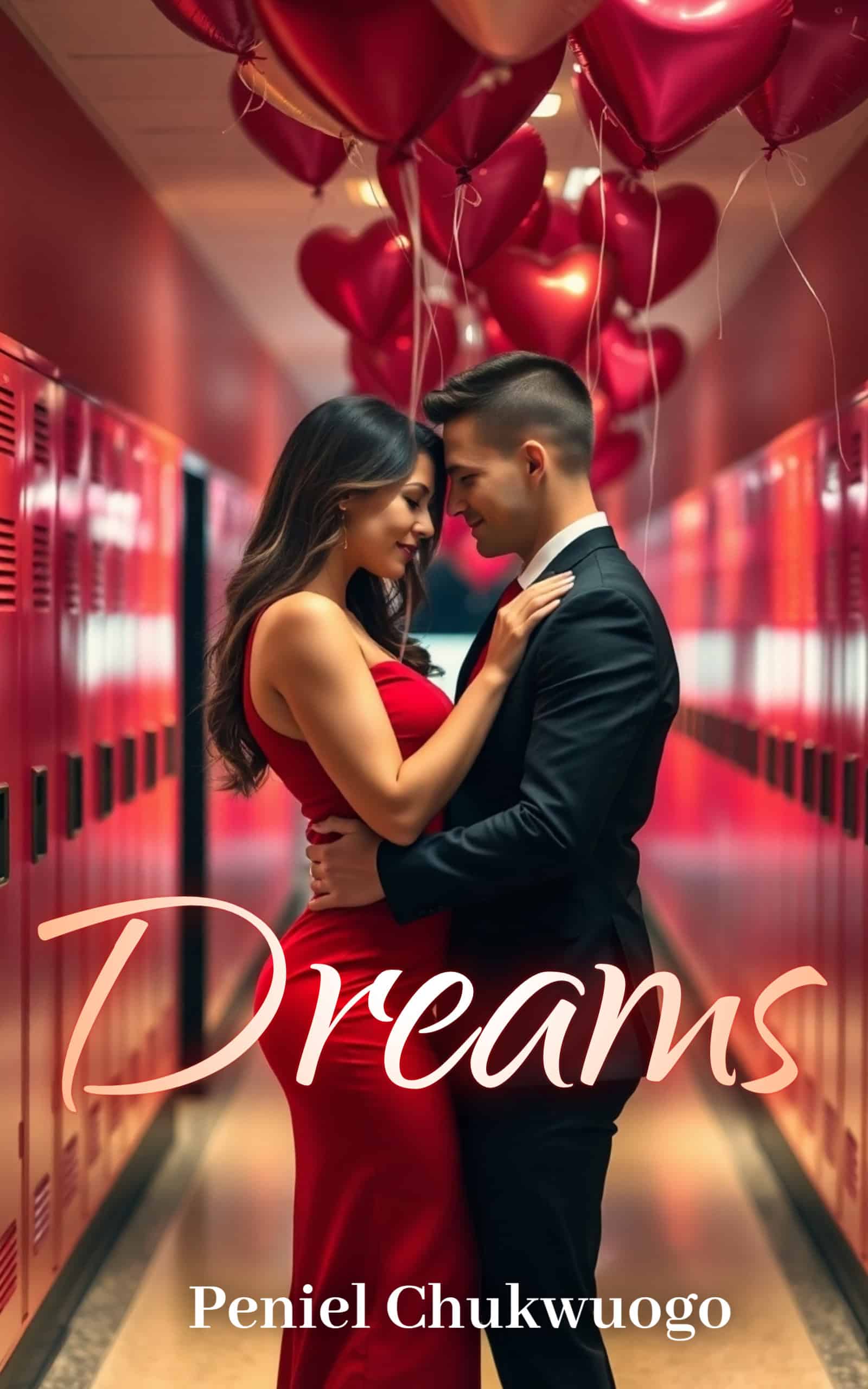 Romance book cover showing elegant couple embracing in school hallway decorated with red heart balloons, woman in red dress and man in black tuxedo, titled "Dreams" by Peniel Chukwuogo