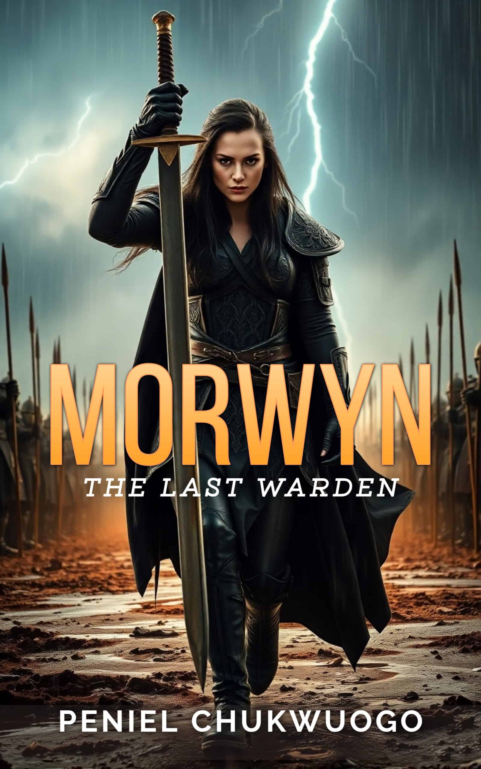 Fantasy book cover featuring female warrior in black leather armor holding large sword upright, with lightning strikes and army of spears behind her, titled "Morwyn: The Last Warden" by Peniel Chukwuogo