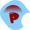 Stylized logo featuring bold red letter "P" on light blue curved background with gradient arc above