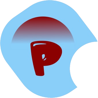 Stylized logo featuring bold red letter "P" on light blue curved background with gradient arc above