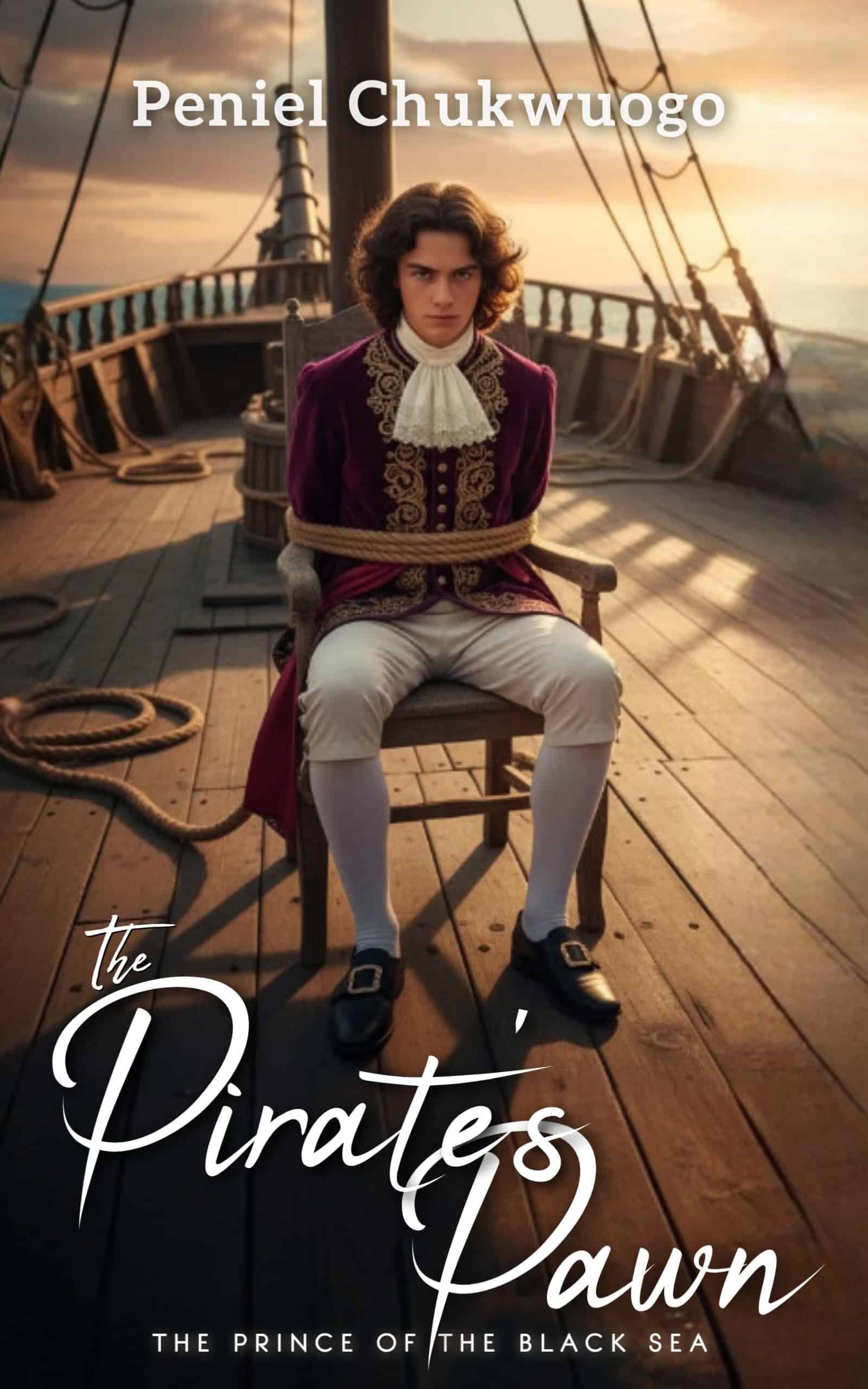 Historical book cover showing young man in ornate 18th-century purple velvet coat tied to chair on ship deck at sunset, titled "The Pirate's Dawn: The Prince of the Black Sea" by Peniel Chukwuogo